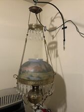 Antique Victorian Hanging Oil Parlor Library Lamp Reverse Hand Painted Shade picture