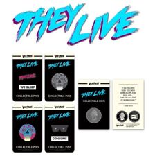 ⚡RARE⚡ 1988 John Carpenter's THEY LIVE 4 Pins & 1 Coin *BRAND NEW SEALED* 💀 picture