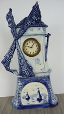 VTG Delft Blue Windmill Figural Mantle Wind Up Clock Numbered Stamped 13.75 Inch picture