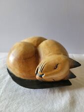 Vintage Hand Carved Wooden Cat Figurine Curled Up Sleeping picture