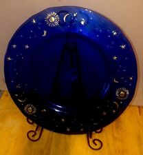 Vintage 14” IVV Italy Cobalt Blue Glass Platter Celestial Gold Sun Moon Stars picture