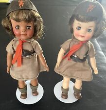 2 Vintage Girl Scout EFFANBEE 65 FLUFFY BROWNIE DOLLS-COMPLETE UNIFORMS-2 STANDS picture