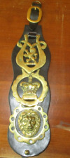 Three Vintage Horse Brass Medallions on  Leather Strap picture