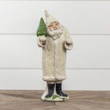 Primitive Whimsical Ivory & Glitter Santa Claus Figure with Tree 14.25