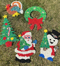 FIVE Vintage Melted Popcorn Plastic Snowman, Xmas Tree, Wreath, Santa & Turkey picture