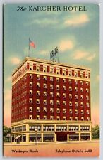 Waukegan IL~Karcher Hotel~1928-1981~9 Stories~Terra Cotta Base~Vintage Linen PC picture