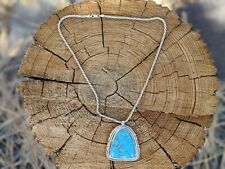 Navajo Necklace Kingman Turquoise Pendant w/ Rope 14k White Gold Chain SouthWest picture