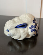 Vintage Signed Dedham Potting Shed Bunny Rabbit Blue White Crackle Finish 4 1/2