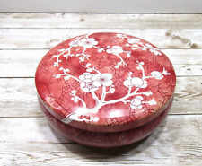 Daher Decorated Ware Vintage Tin Red White Cherry Blossoms Round w/ Lid England picture