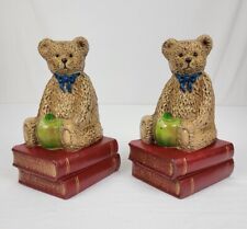 Cast Iron Pair 2 Of Teddy Bear On Books, Doorstop Or Bookends, Apple, Bow  10