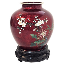 Japanese Ando Sato Red Enamel Cherry Blossom Vase Pigeon Blood  Signed picture