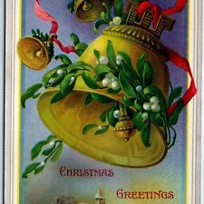 c1910s Christmas Greetings Gel Postcard Jingle Bells Farmhouse Winter Xmas A66 picture