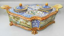 Vintage French Italian Porcelain Faience Hand painted Inkwell + Quill Pen 19th C picture