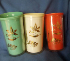3 VTG MCM PLASTIC INSULATED TUMBLERS W/GOLD LEAVES TURQUOISE/ORANGE/WHITE picture