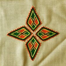 Vintage Hand Embroidered Linen Tablecloth Folk Art BoHo Geometric Motif 35 x 33