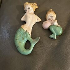 Set of 2 vintage Mermaids Ceramic Wall Hangings Gold Green Yellow picture