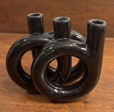 Vintage Small Ikebana Toyo Black Triple Loop Pottery Vase Mid Century Modern 5