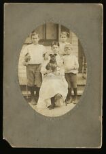 antique family portrait with cute little dog & boy holding fiddle 1900s photo picture