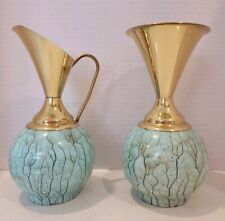 Vtg Pair Delft Pottery Vase Brass Flute Hand Painted WB Leersum Made In Holland picture