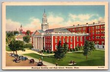 Municipal Building High School Webster Massachusetts Clock Tower Linen Postcard picture