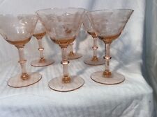6 Vintage Pink Elegant Depression Etched Optic Wine Champagne Martini Glass 5” T picture