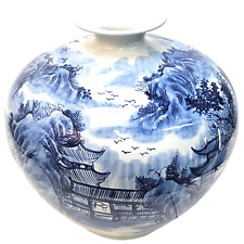 Vintage Large Chinese Bulbous Vase Landscape Porcelain Blue Late 20th C. 15