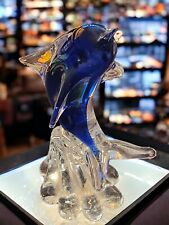 Cobalt and Clear Glass Leaping Dolphin On Wave Figurine Paperweight 7