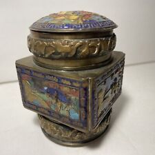 Vtg Antique Chinese Brass & Cloisonne Enamel Tea Caddy Box Donkey Bridge Rider picture
