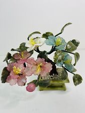 Vintage Jade Bonsai Tree Semi-Precious Carved Pink Blue White Stone Flowers picture