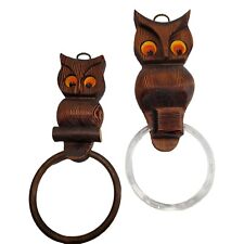 VTG Handcrafted MCM Wooden Carved Owl Towel Holder Retro Wall Hanging Lot Brown picture