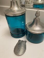 Two L Etain A La Rose Aqua Glass Covered French Jars Mcm Made Paris picture