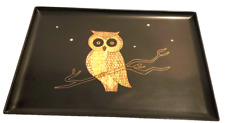COUROC OF MONTEREY Owl 18 x 12.5” LARGE MCM Black Inlaid Wood Bar Cocktail Tray picture