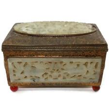 Antique Chinese Hinged Tea Cigarette Box w/ White Jade Carvings, 3 1/2