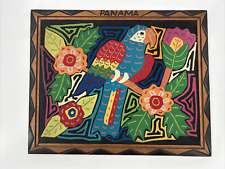 Vintage Panama Quilted Colorful Picture Parrot Tropical Floral Embroidery 16X13 picture