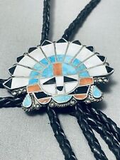 IMPORTANT OLDER VINTAGE ZUNI TURQUOISE SUNFACE STERLING SILVER INLAY BOLO TIE picture