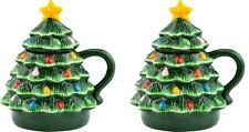 Set of 2 Mr Christmas Lidded Nostalgic Christmas Tree Mugs Ceramic W/ Lid 16 oz picture