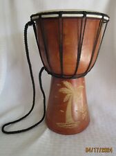 Mahogany DJEMBE DRUM w/ Shoulder Cord Hand-Etched PALM TREES made in the Bahamas picture