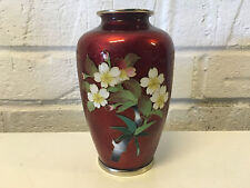 Vintage Japanese Silver Mounted Red Cloisonne Vase w/ Flower Decoration picture