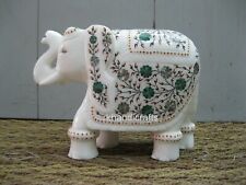 8 Inches Marble Good Luck Elephant Malachite Stone Inlay Work Elephant Statue picture