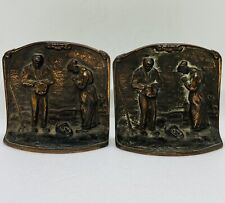 Vintage 1950s Bronze Metal Bookends Farmers Praying Church Bicycle Farm Field 27 picture