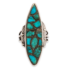 EARLY NATIVE AMERICAN ZUNI STERLING TURQUOISE FISH SCALE INLAY APPLIED RING 6.5 picture