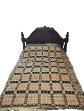 Antique 1800's Overshot Geometric Wool Coverlet Indigo, Red, Cream 68