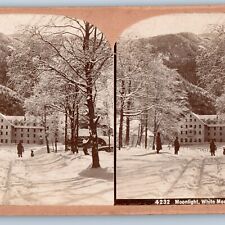c1900s White Mountains, NH Moonlight Snow Hotel Real Photo Stereoview Road V46 picture