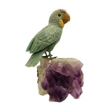 Vintage 8.75” Tall Hand Carved Gemstone Bird on Amethyst Geode Base Rare picture