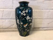 Vintage Japanese Sterling Mounted Green Cloisonne Vase with Floral Blossom Dec. picture