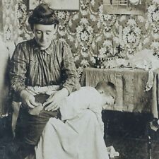 Mother Sewing Boys Pants Fixing Mom Woman Stitch Time Save Nine Stereoview I127 picture