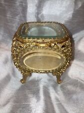 Antique Victorian Beveled Glass Brass Ormolu Filigree Jewelry Box Casket Box picture