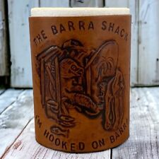 Leather 'I'm Hooked on Barra' Stubby Holder Hand Made Tan Bound NT Fishing 2006 picture