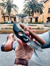 Damascus Steel Cigar Cutter Razor Sharp Buffalo Horn Handle with Leather Sheath picture