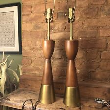 Pr. West Elm Mid Century Style Table Lamps  Teak & Gilt Metal - In Working Order picture